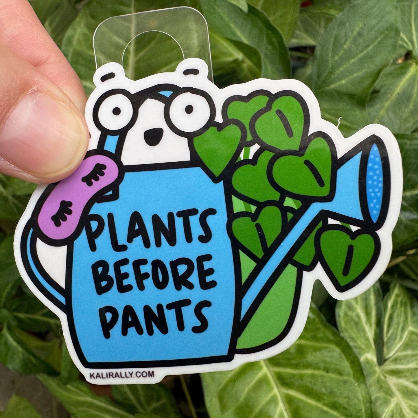 Cartoon-style sticker with the phrase "Plants Before Pants," a funny reminder for plant parents to water their houseplants first thing, by Kalirally.