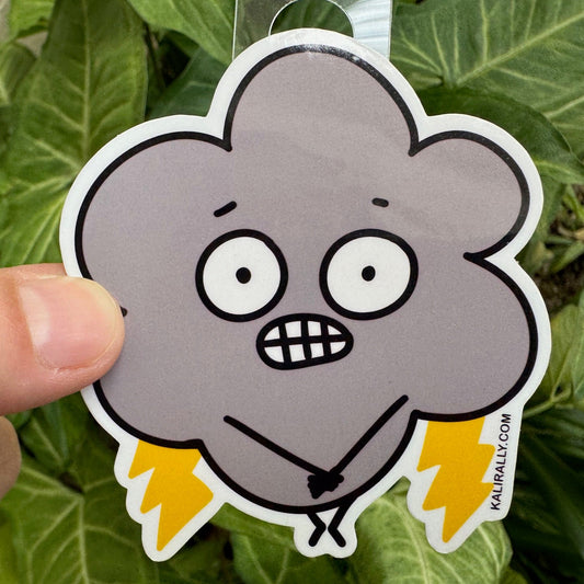 Funny raincloud sticker with cartoon storm cloud trying not to rain, humorous weather decal by Kalirally.