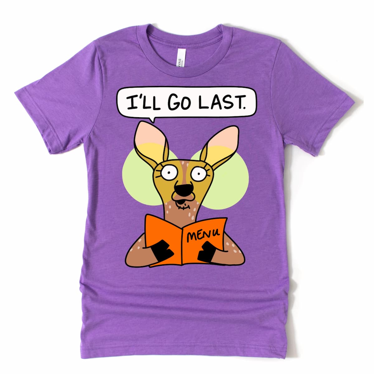 Funny Restaurant Shirt in Heather Purple with cartoon deer holding menu and humorous foodie phrase, by Kalirally