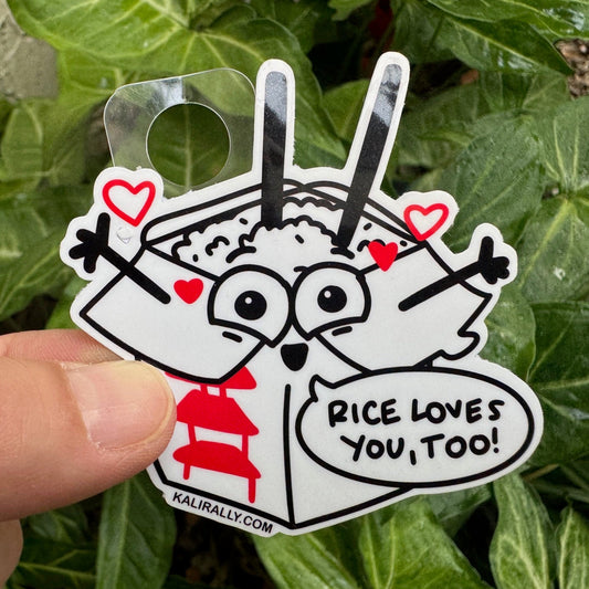Cartoon rice takeout sticker with phrase “Rice loves you, too!” funny decal by Kalirally
