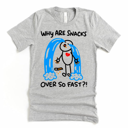 Funny Snacks Shirt in Athletic Grey with cartoon cheese curl saying, “Why are snacks over so fast?” perfect for foodies and snack lovers, by Kalirally