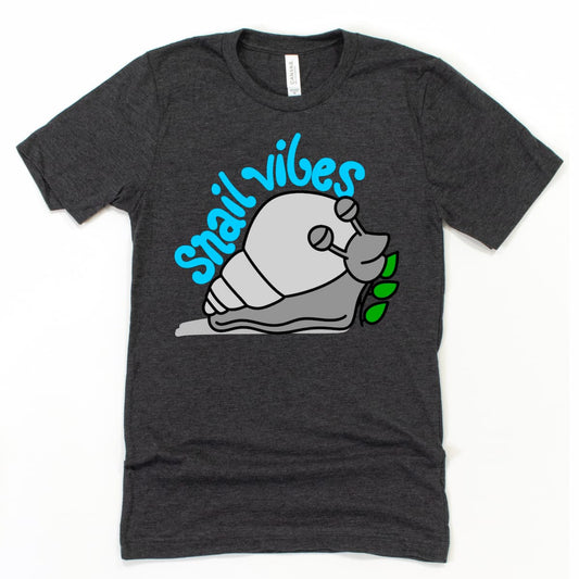 Heather Dark Grey Funny Snail Shirt featuring cartoon snail with “Snail Vibes” design, perfect for gardeners and nature lovers by Kalirally