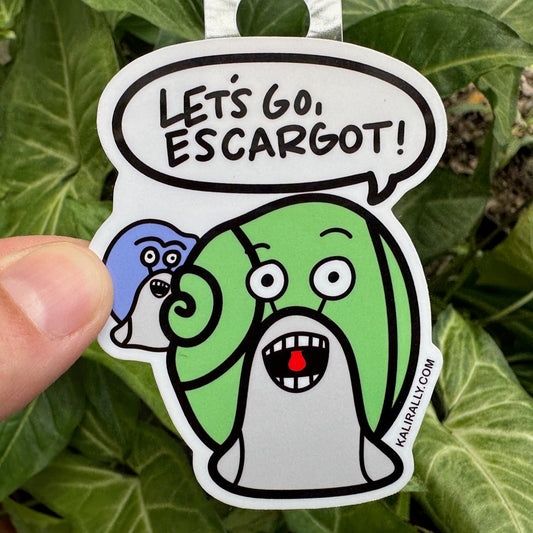 Funny Snail Sticker with cartoon snail and phrase “Let’s go, escargot!” slow poke decal by Kalirally
