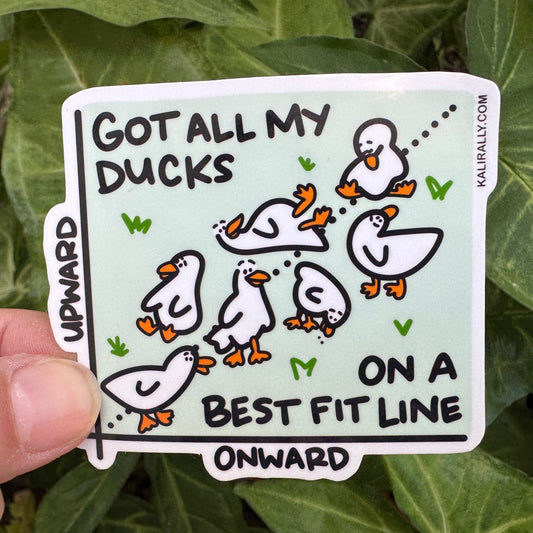 Cute vinyl sticker of ducks on a best fit line – funny statistics sticker for water bottles, math teachers, and data lovers from Kalirally.