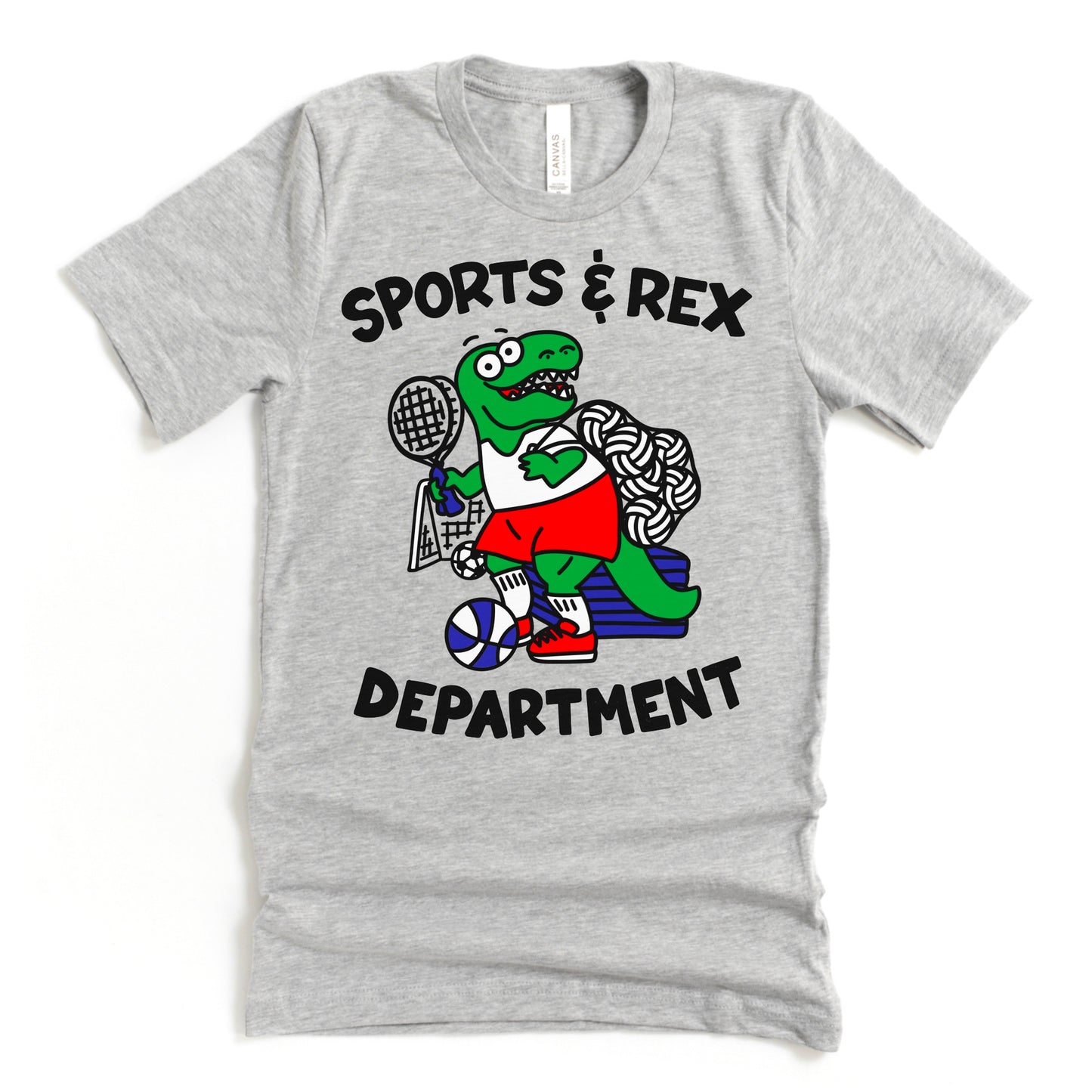 Silly Phys Ed Shirt for PE Teacher or Coach - Athletic Grey Shirt with a T-Rex holding gym equipment for class - "Sports and Rex Dept.", by Kalirally