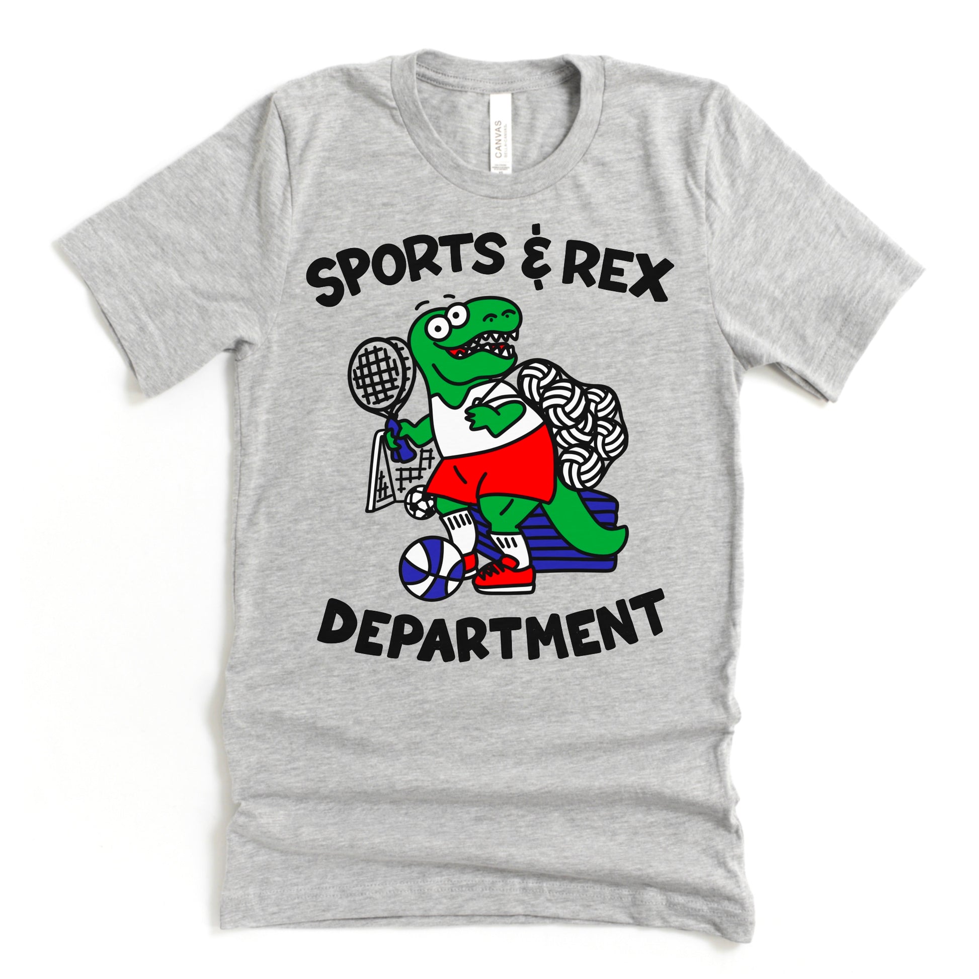 Silly Phys Ed Shirt for PE Teacher or Coach - Athletic Grey Shirt with a T-Rex holding gym equipment for class - "Sports and Rex Dept.", by Kalirally