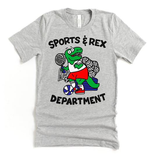 Silly Phys Ed Shirt for PE Teacher or Coach - Athletic Grey Shirt with a T-Rex holding gym equipment for class - "Sports and Rex Dept.", by Kalirally