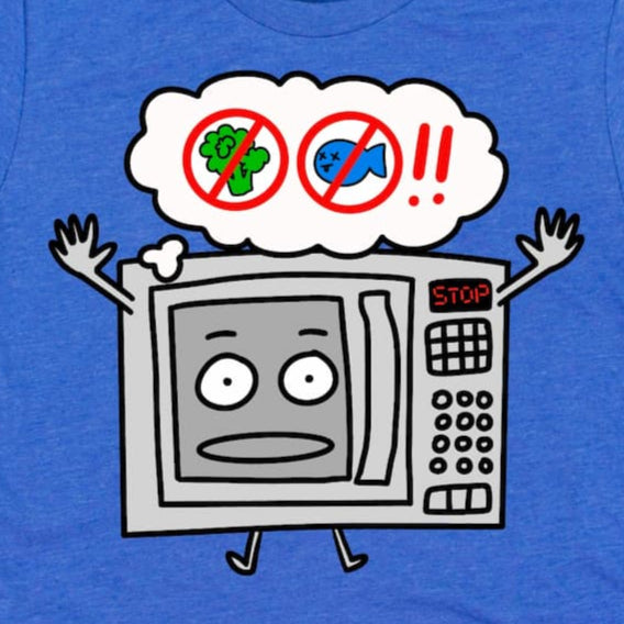 A Close up of the design of a funny work shirt with microwave graphic in Heather Royal Blue – no fish, no broccoli office humor tee by Kalirally