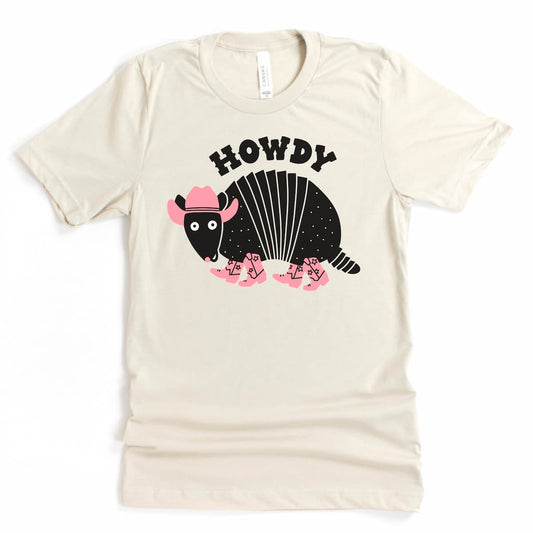Heather Dust Howdy Armadillo Shirt featuring a cute cartoon armadillo and Texas-style greeting by Kalirally