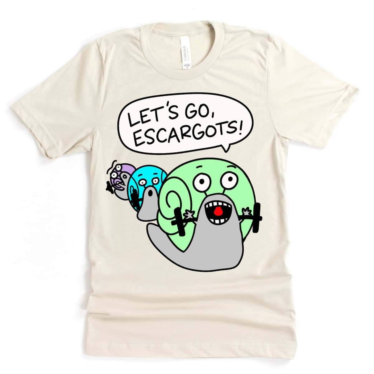 Heather dust t-shirt with a trio of cartoon snails doing a group barbell lift. Funny WOD shirt flat lay.