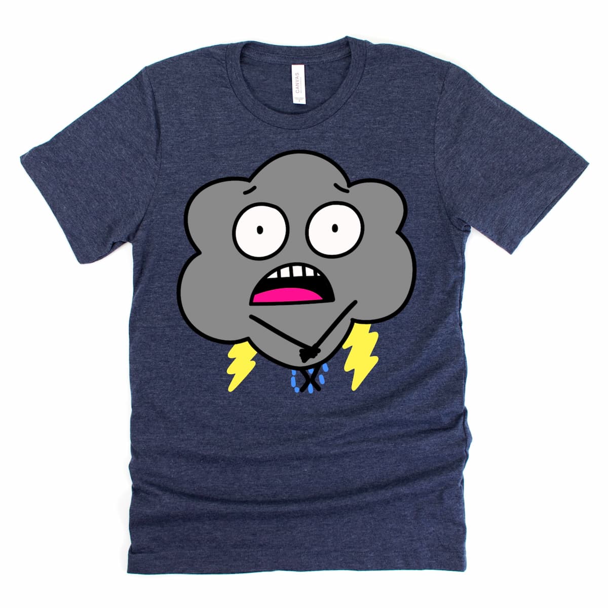 Funny Weather Shirt in Heather Midnight Navy featuring worried cartoon raincloud doing potty dance with trickling rain, by Kalirally