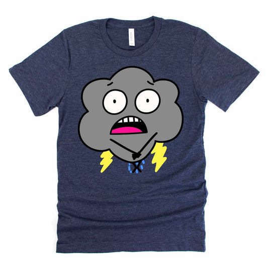 Funny Weather Shirt in Heather Midnight Navy featuring worried cartoon raincloud doing potty dance with trickling rain, by Kalirally