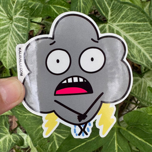 Picture of a vinyl glossy sticker with a Raincloud Cartoon doing the "Potty Dance", trying to hold in his "pee" which is just rain, dripping down his legs, by Kalirally.