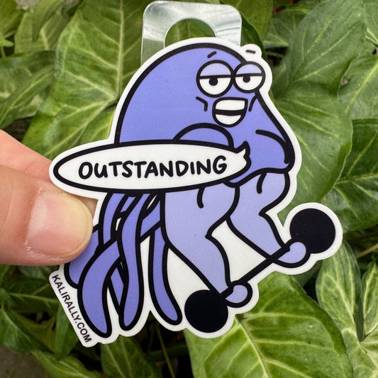 Funny weightlifting sticker with cartoon jellyfish lifting weights – gym decal for water bottles and laptops by Kalirally