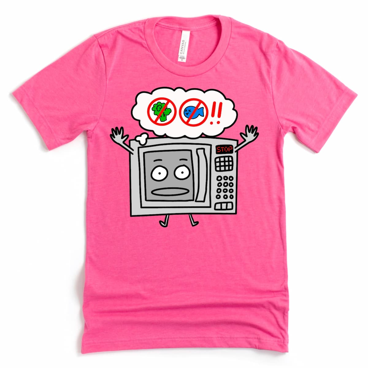 Funny work shirt with subtle microwave rules. Graphic tee in Heather Charity Pink – perfect for lightening the office mood. By Kalirally.