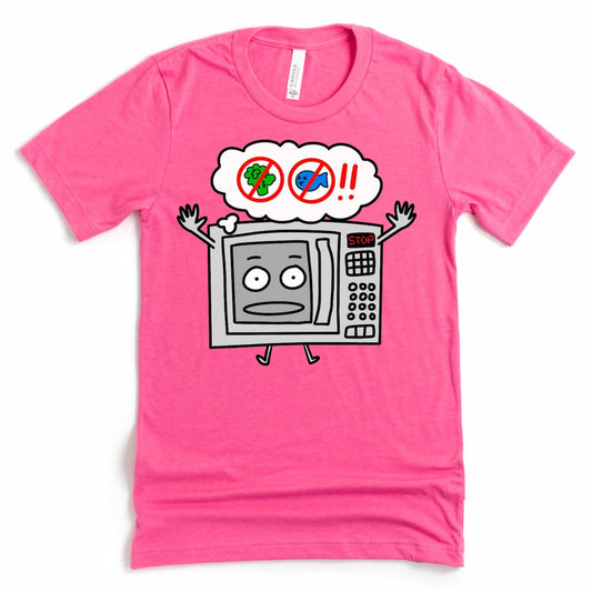 Funny work shirt with subtle microwave rules. Graphic tee in Heather Charity Pink – perfect for lightening the office mood. By Kalirally.