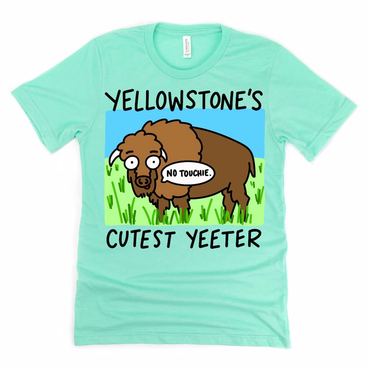 Funny Yellowstone T Shirt in Heather Dust with bison saying “No touchie” and playful Yellowstone graphic, by Kalirally