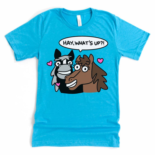 Funny equestrian t-shirt in heather aqua with two smiling horses and “Hay, What’s Up?” pun – Kalirally