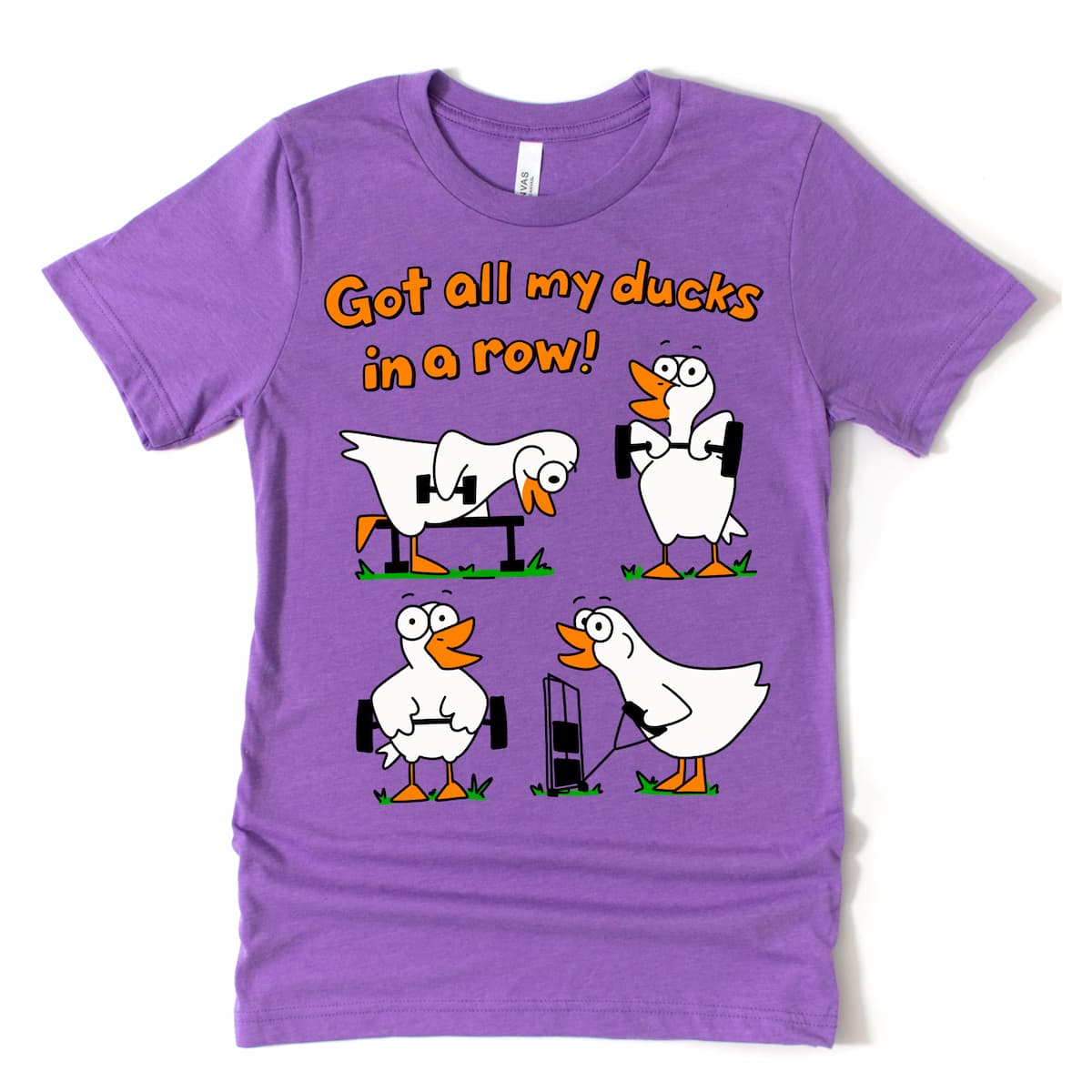 Weight lifting tee with rowing cartoon ducks on Heather Team Purple Bella + Canvas 3001 flat lay