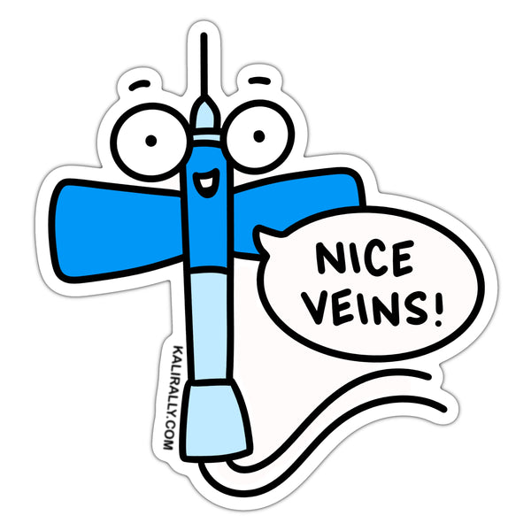 Funny phlebotomist sticker, "Nice veins!" sticker, butterfly needle sticker, cute nursing sticker, waterproof vinyl, kalirally decal