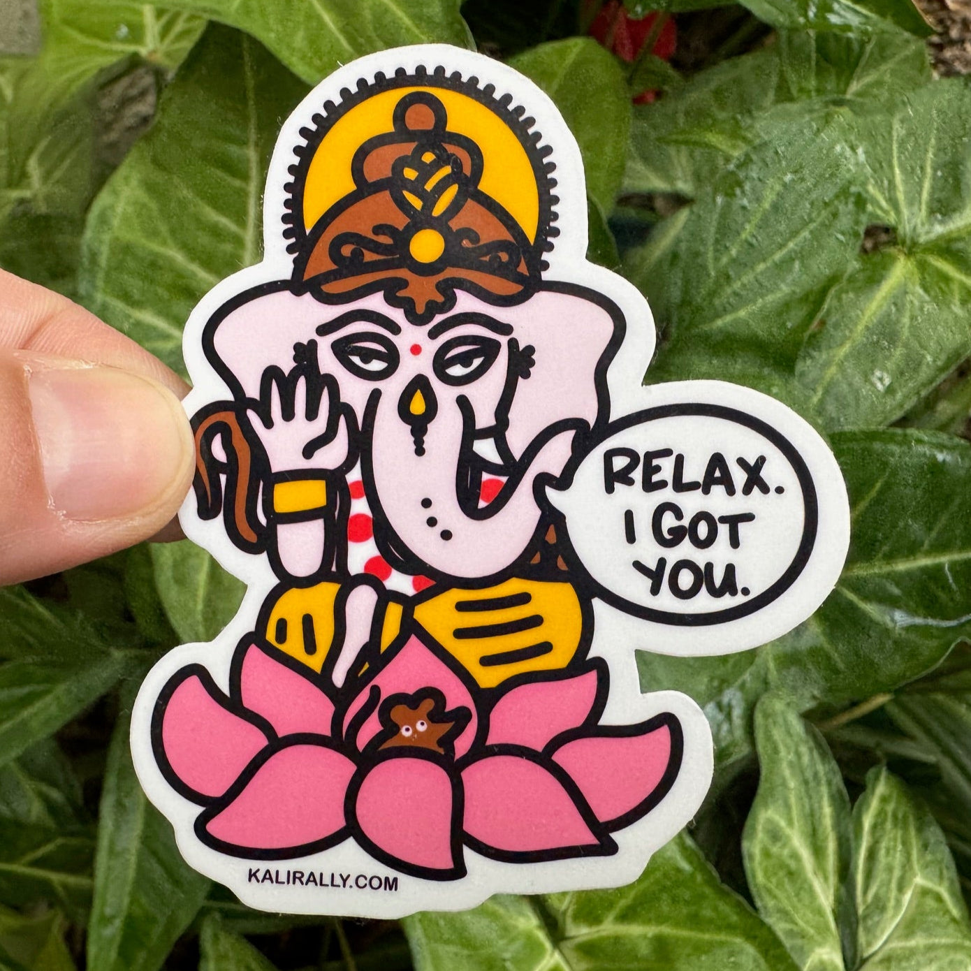 A picture of a 3x3" vinyl Ganesh Sticker – Cartoon Ganapati Vinyl Decal by Kalirally.