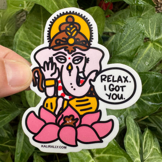 A picture of a 3x3" vinyl Ganesh Sticker – Cartoon Ganapati Vinyl Decal by Kalirally.