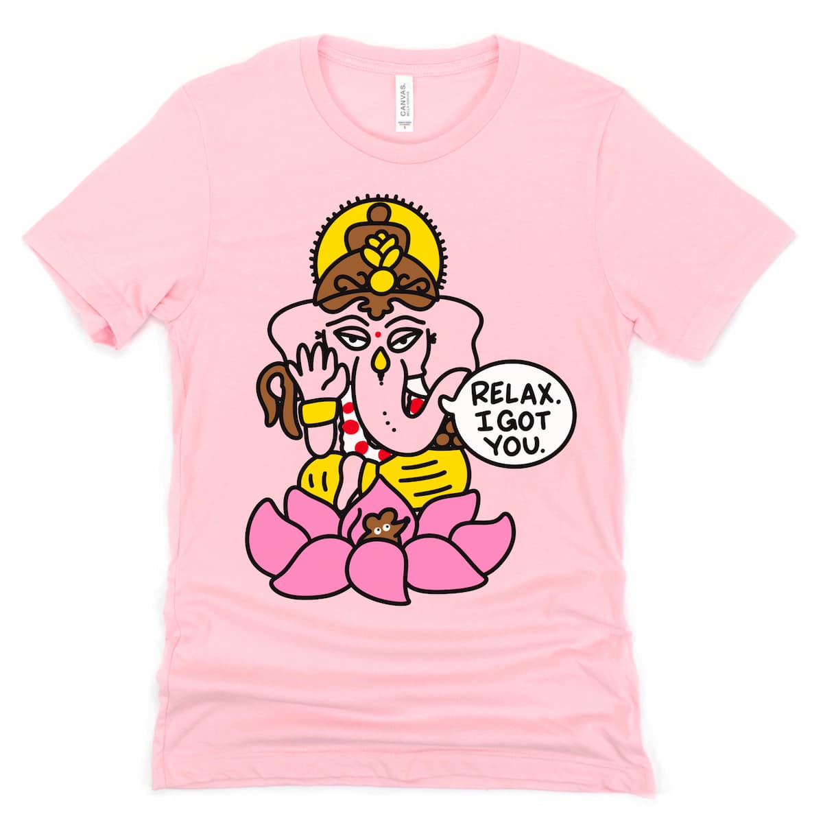 Flat lay of a pink Ganesh t shirt with a hand-drawn Ganesha design for yoga lovers – Kalirally