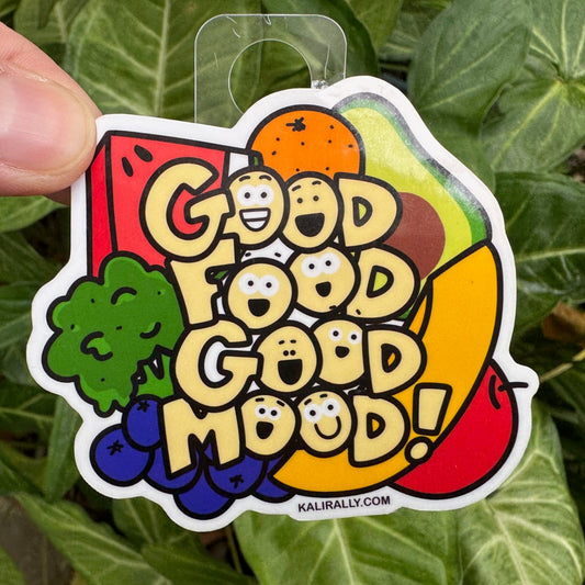 Good Food Good Mood sticker featuring colorful motivational text promoting healthy eating and fitness, perfect for water bottles and gym gear. Good vegan or vegetarian sticker, too. By Kalirally.