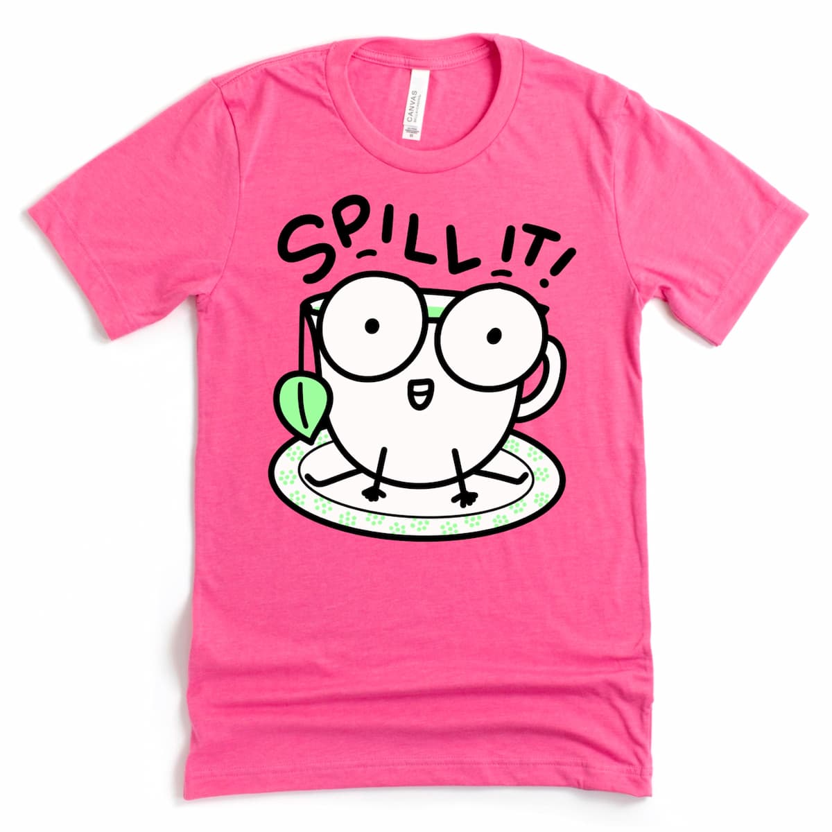 Funny gossip tee in charity pink with teacup character waiting to spill the tea – Kalirally