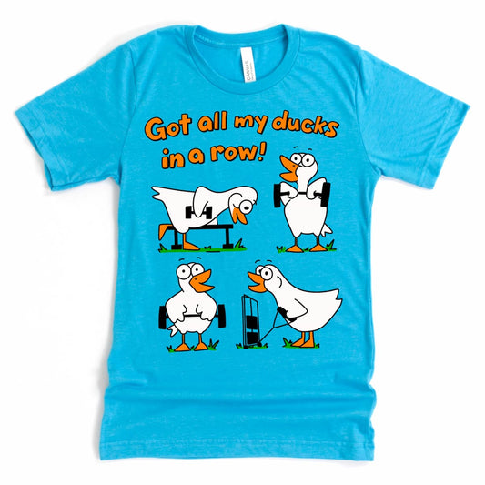 Funny weight lifting t shirt with cartoon ducks rowing on Heather Aqua Blue Bella + Canvas 3001 flat lay
