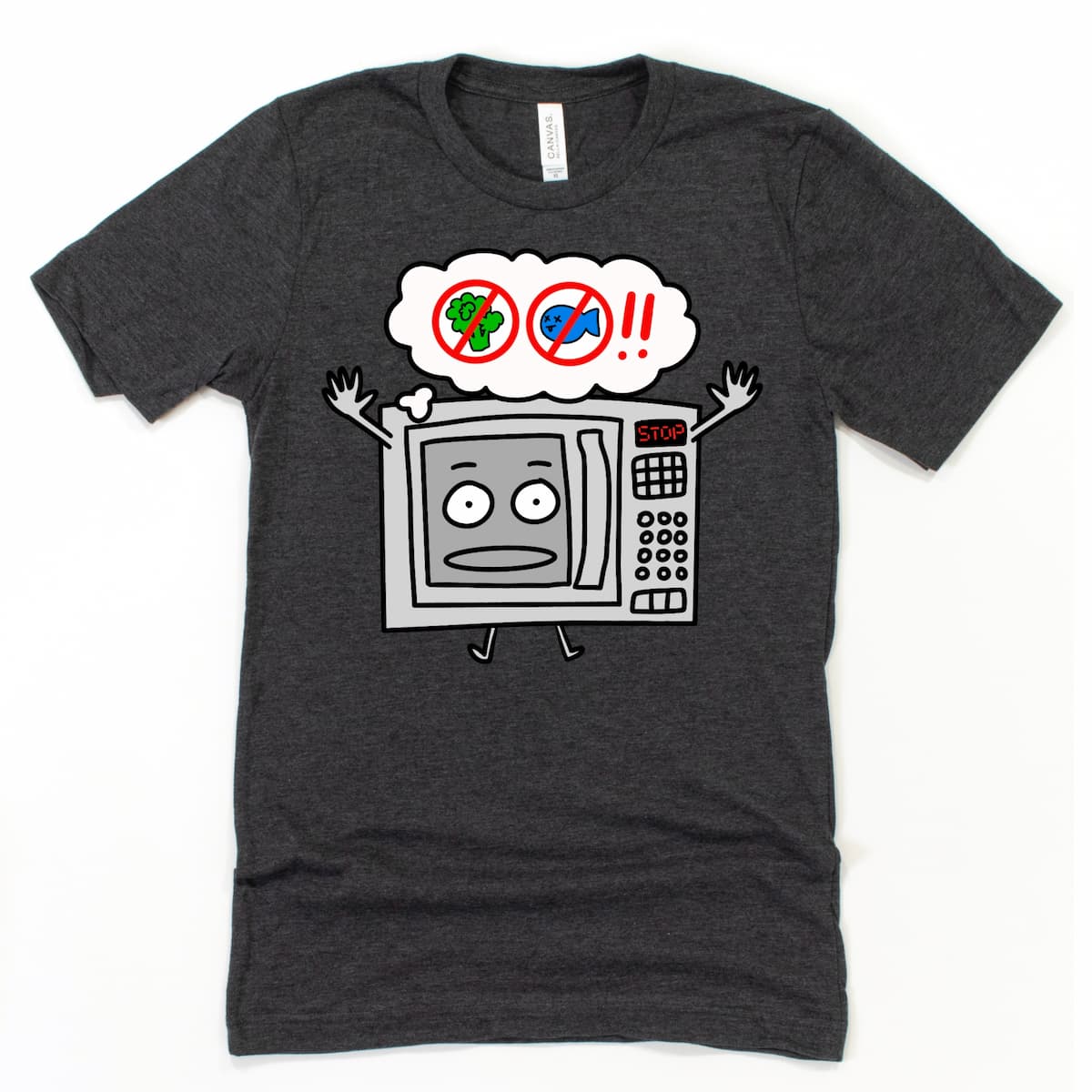 Heather Dark Grey funny office shirt with microwave rules graphic – no fish, no broccoli. By Kalirally.