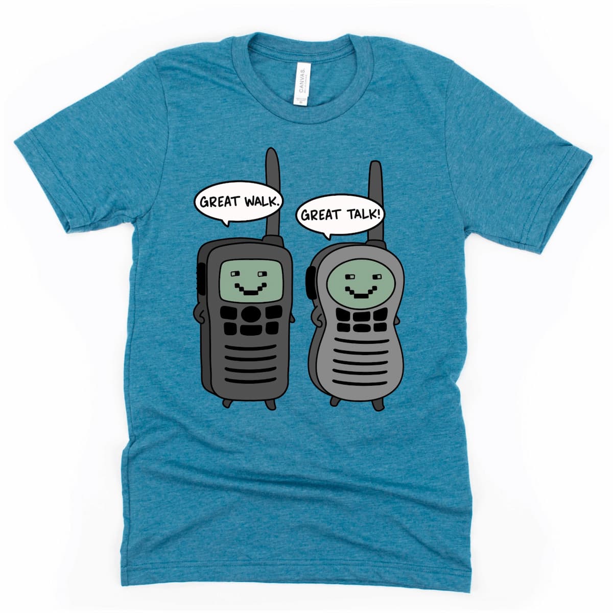 Cartoon walkie talkies walking shirt in heather deep teal blue, perfect for 5K walks, charity walks, and casual outdoor fun Kalirally