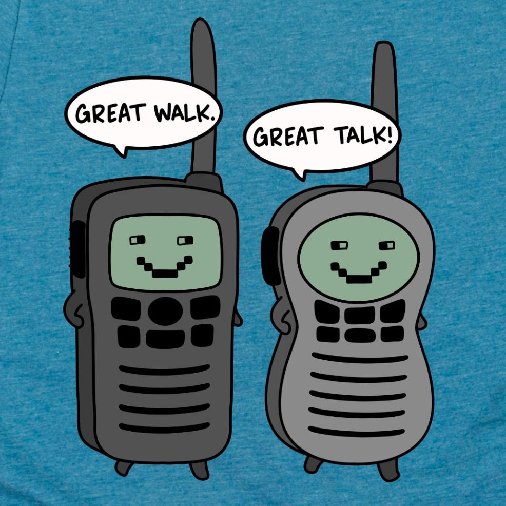 Close up of design for Cartoon walkie talkies walking shirt in heather deep teal blue, perfect for 5K walks, charity walks, and casual outdoor fun Kalirally