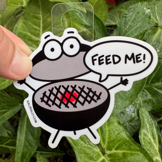 Vinyl Grilling Sticker – “Feed me!” cartoon grill decal by Kalirally.