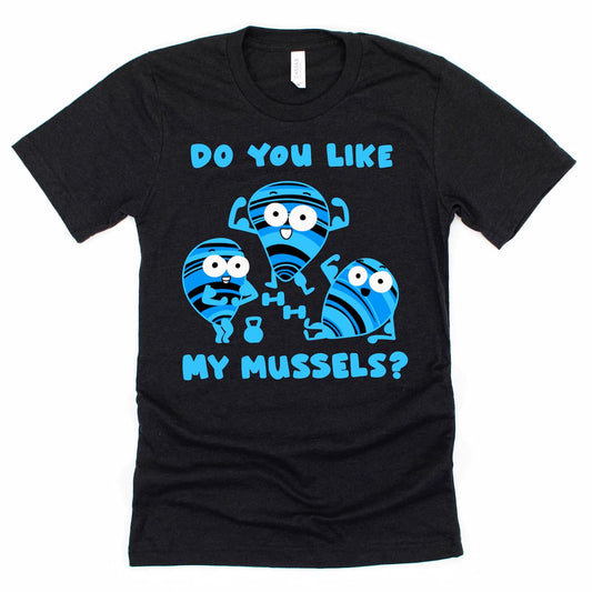 Funny gym shirt featuring a pun with cartoon mussels lifting barbells – unisex workout graphic tee in heather black, by Kalirally