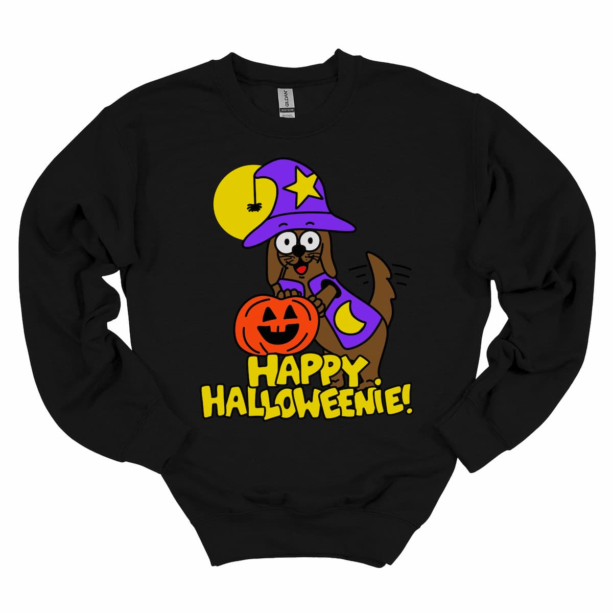 Black Dachshund Halloween Sweatshirt featuring Happy Halloweenie dog design by Kalirally