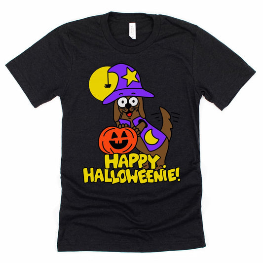Heather Black t-shirt with cartoon dachshund in a witch hat, jack-o-lantern, and “Happy Halloweenie” text