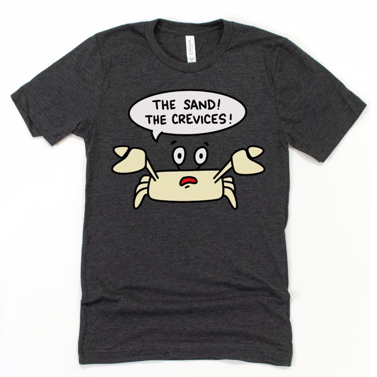 A dark grey beach shirt from Kalirally, shown in a flat lay with a distressed crab and bold beach-inspired humor - "The Sand! The Crevices!"