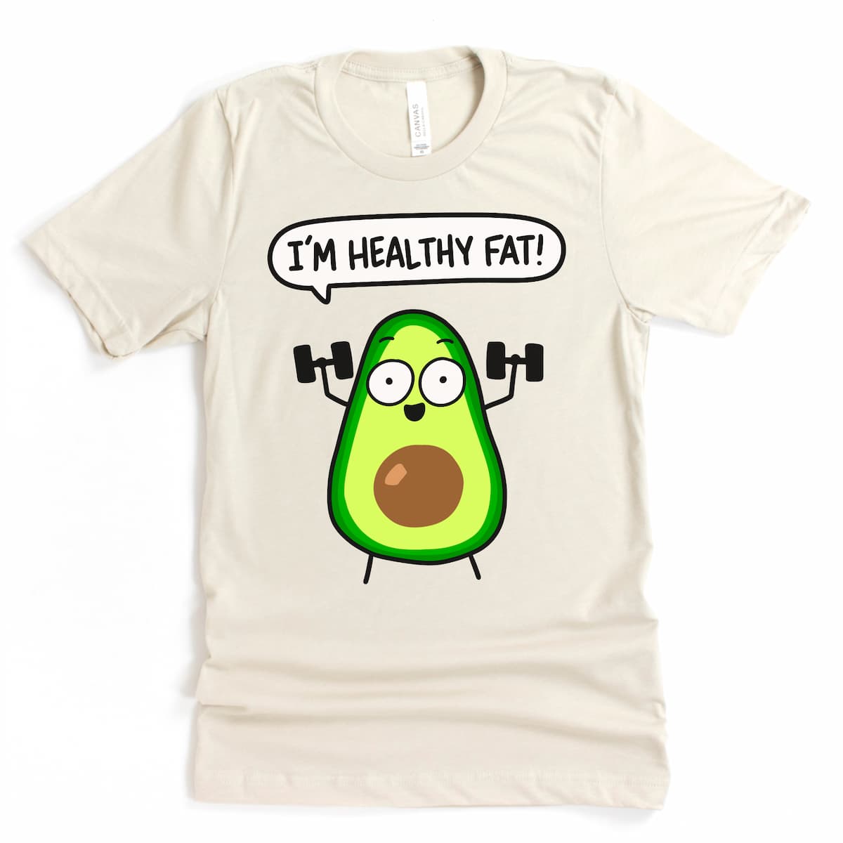 T-shirt flat lay mock up with an avocado graphic and 'I'm Healthy Fat!' text on a heather dust background