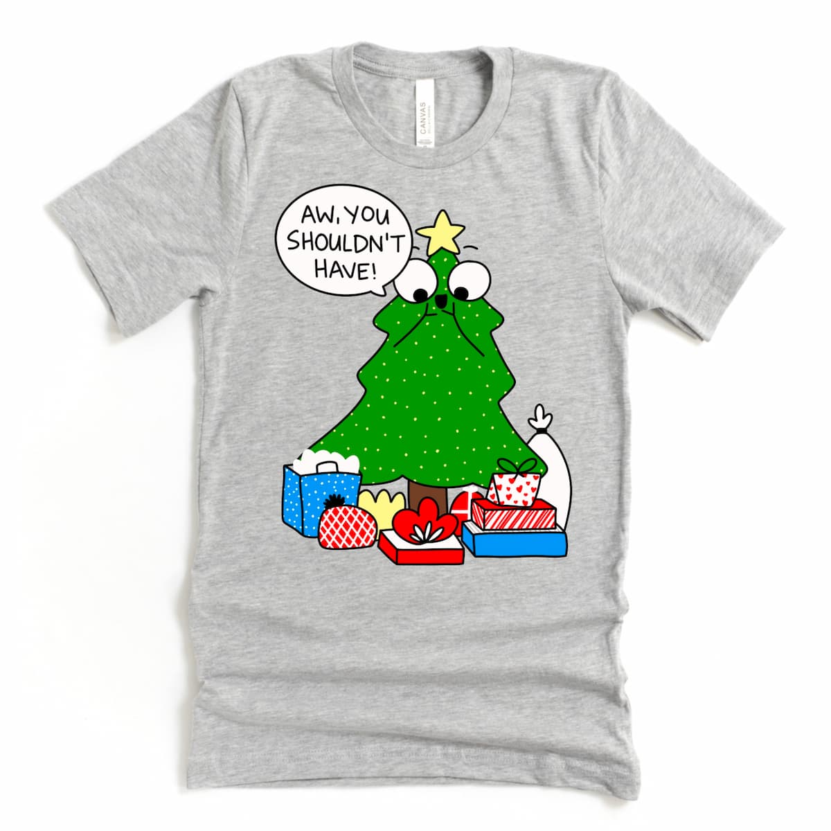 Athletic Grey Christmas Tree Shirt with cartoon tree and “Aw, you shouldn’t have” holiday design by Kalirally