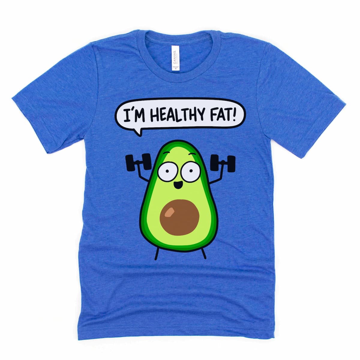 Heather Royal Blue t-shirt with a cartoon avocado character lifting weights and exclaiming, "I'm healthy fat!" by Kalirally