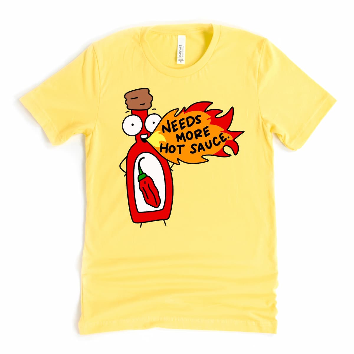 Hot Sauce Graphic Tee in Yellow featuring playful cartoon hot sauce bottle and funny design, by Kalirally