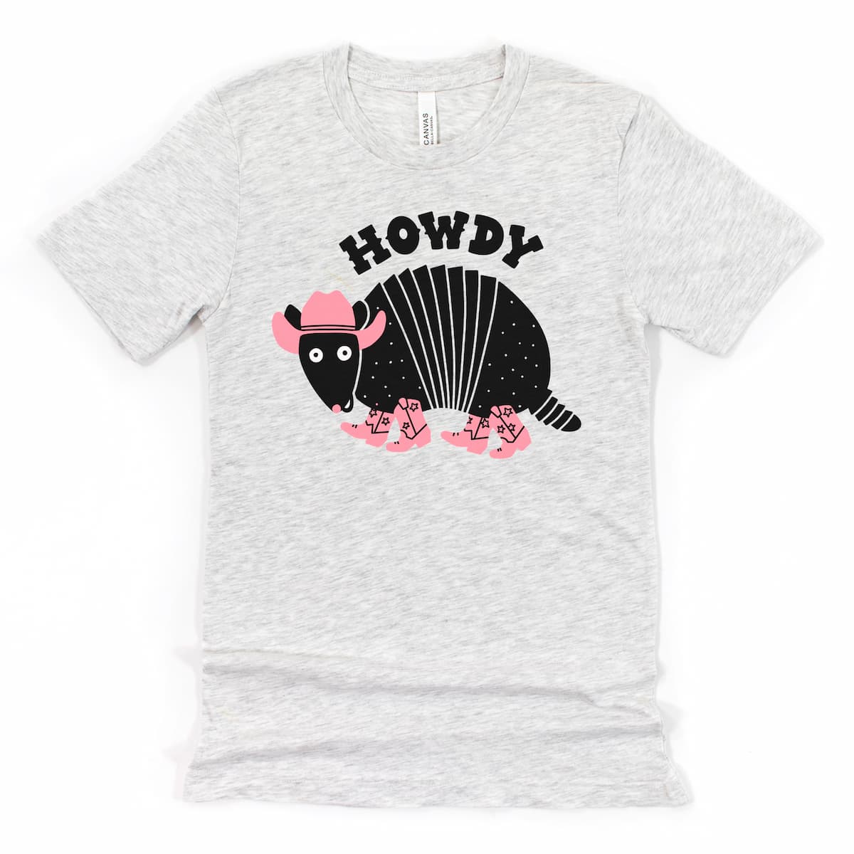 Heather Ash Howdy Armadillo Shirt with cartoon armadillo saying howdy, fun Texas tee by Kalirally
