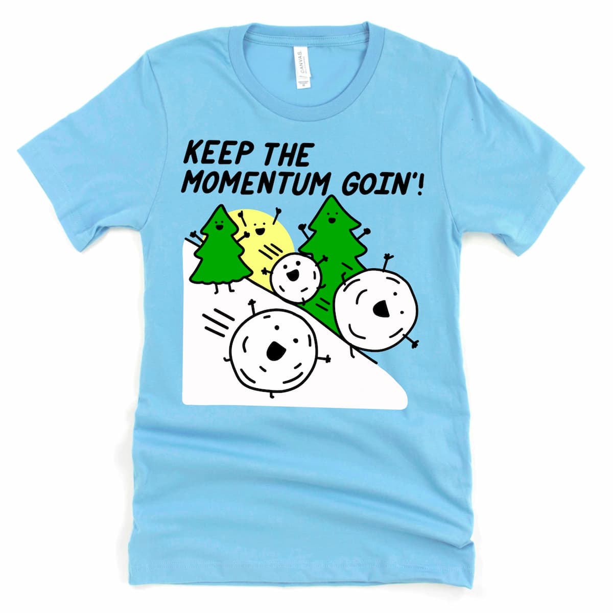 Funny Physics cartoon snowballs t-shirt Ocean Blue that says, "Keep the momentum goin'!", science joke graphic tee by Kalirally