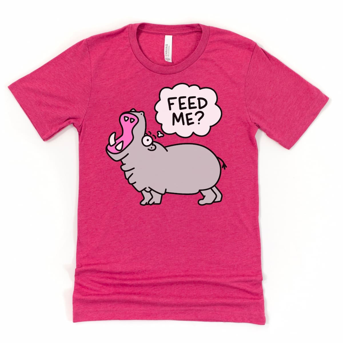 Hungry Hippo Foodie Shirt in Heather Raspberry with playful cartoon hippo and always hungry phrase, funny foodie tee by Kalirally