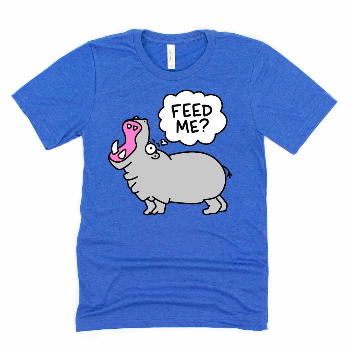 Hungry Hippo Graphic Tee in Heather Royal Blue featuring cartoon hippo and “Feed Me?” text, always hungry food shirt by Kalirally