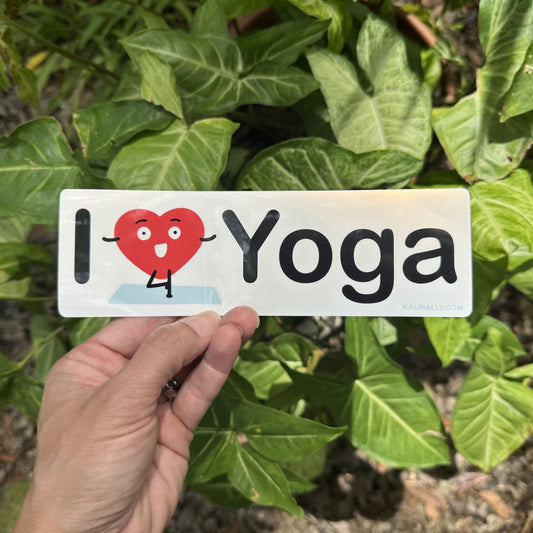 Glossy vinyl water bottle sticker or yoga bumper sticker by Kalirally featuring a cartoon heart doing tree pose, perfect for laptops, bottles, notebooks, and gifts.