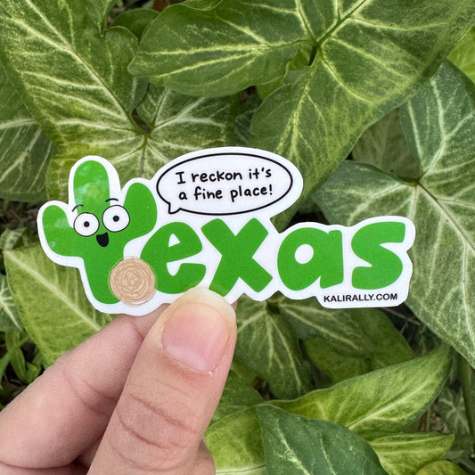 Cartoon Texas sticker with saguaro cactus and tumbleweed, funny Lone Star decal for Texans and travelers Kalirally