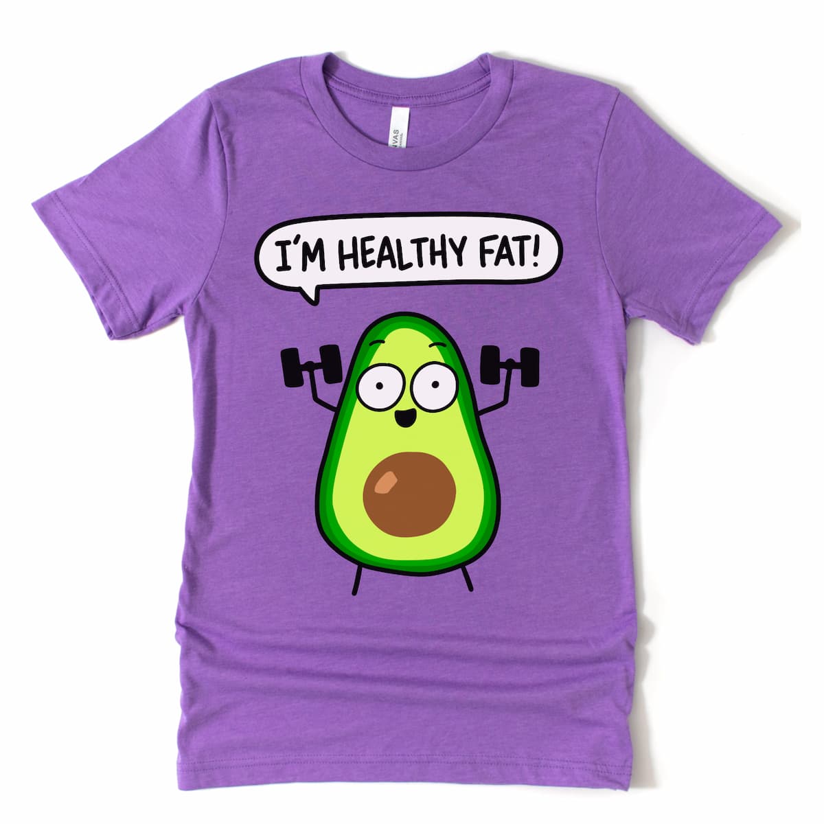 Purple t-shirt with an avocado graphic and 'I'm Healthy Fat!' text on a white background