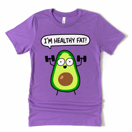 Purple t-shirt with an avocado graphic and 'I'm Healthy Fat!' text on a white background